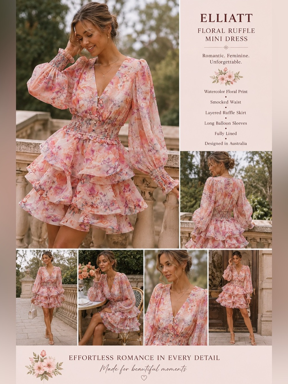 ELLIATT Pink Floral Ruffle Mini Dress Size S Romantic Cottagecore